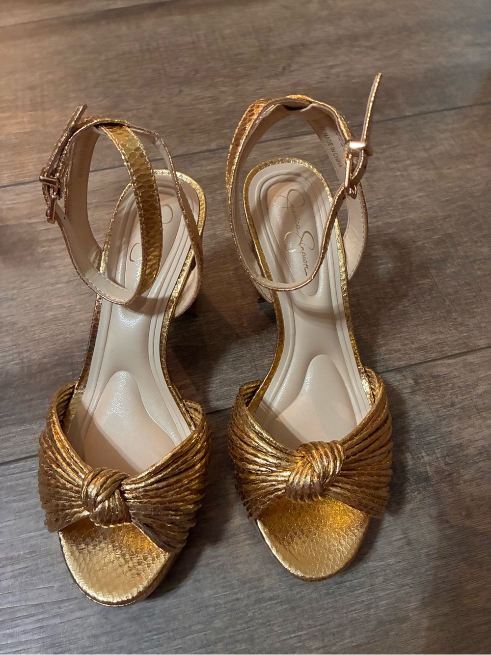 Jessica Simpson Gold Knotted Open-Toe Ankle-Strap Heels